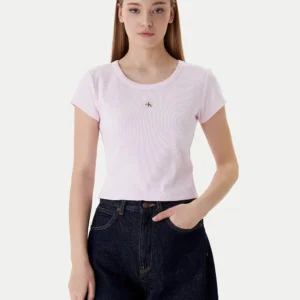 חולצת טישירט קצרה קלווין קליין Slim Ribbed Cotton Badge נשים