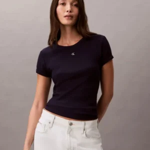 חולצת טישירט קצרה קלווין קליין Short Sleeve Monogram Patch Slim Waffle נשים
