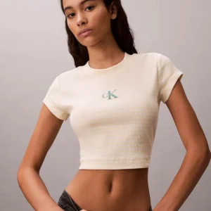 חולצת טישירט קצרה קלווין קליין Slim Ribbed Stripe נשים