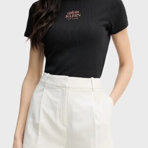 חולצת טישירט קצרה קלווין קליין Slim Ribbed Cotton Logo נשים