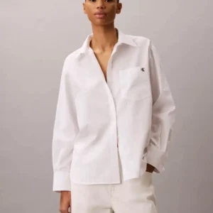 חולצה מכופתרת קלווין קליין Cotton Poplin Jacquard Relaxed Shirt נשים