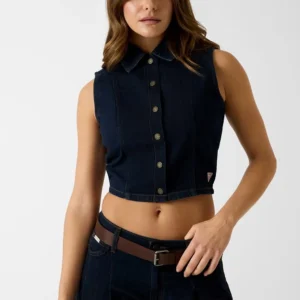 חולצת טישירט קצרה Guess Denim Cropped נשים