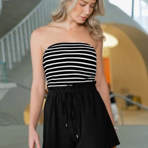 חליפת Cupshe Woven Straight neckline Sleeveless Elasticized waist Wide leg Striped Romper נשים
