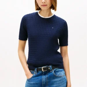 חולצת טישירט קצרה טומי הילפיגר Cable Knit Short Sleeve Jumper נשים